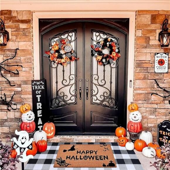 Halloween Decor Doormat Combo Set 100% Coco Coir Welcome Mat + 3' x 5' Plaid Rug